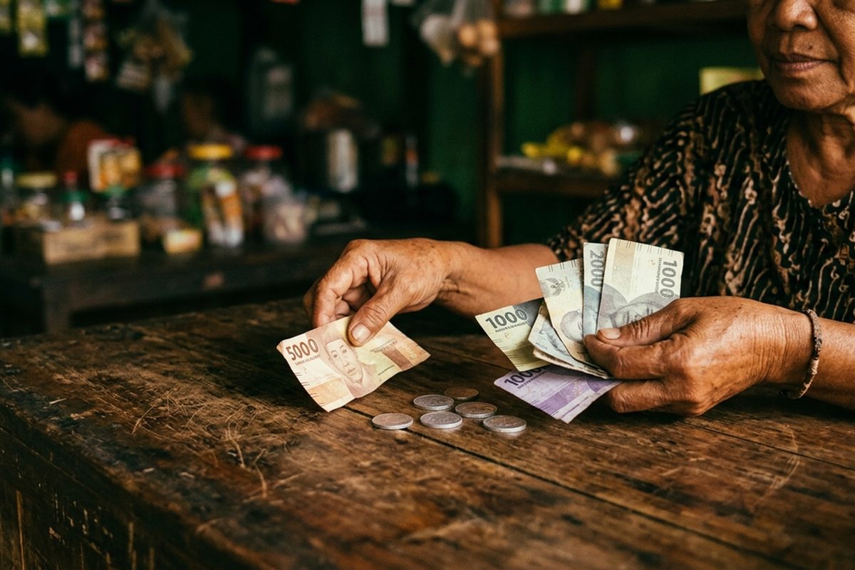 Tangan penjual warung menghitung uang kertas kecil dan koin di atas meja kayu