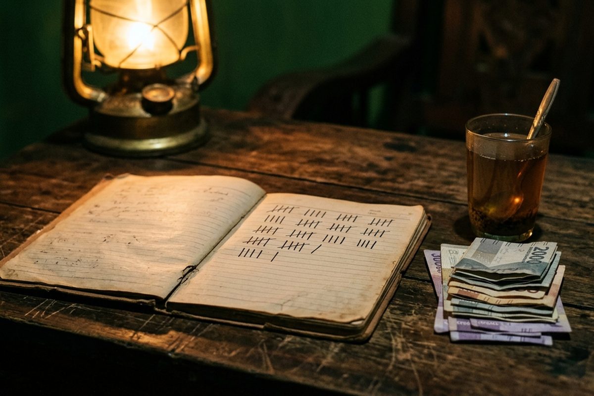 Buku catatan usaha dengan coretan hitungan di samping tumpukan uang kertas di meja kayu