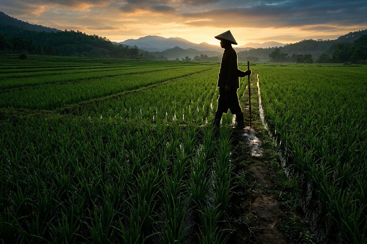 Barisan tanaman padi muda di waktu subuh dengan siluet petani berjalan di pematang sawah