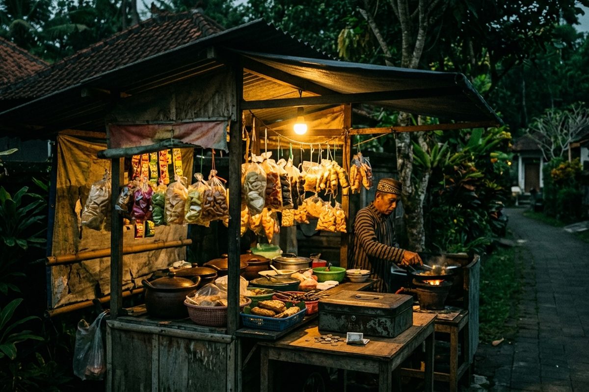 Warung kaki lima dengan lampu menyala di waktu senja, sumber daget harian